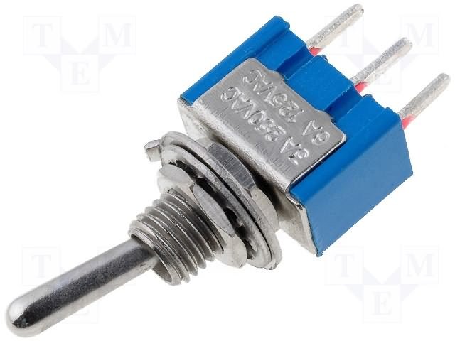 Tumblers, SP3T, ON-OFF-ON, 3A/250VAC, lodēšanai, PCB, M6, 13.2x7.9x9.5mm, viens kontakts uz trīm stavoklim, ar fiksaciju, metriska vītne