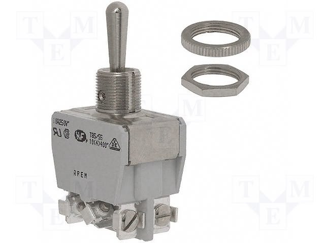 Tumblers, DP3T, (ON)-OFF-(ON), 10A/250VAC, 5A/24VDC, screw terminals, M12, 29.5x14x15mm, APEM, bez fiksacijas