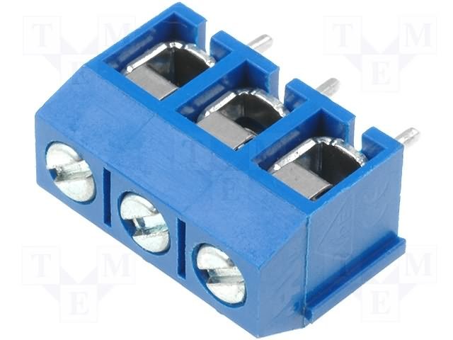 Terminal Blocks PCB, ar skrūvēm, 3pin, 5mm, 1.5mm2, 250V/15A, 10x8x15mm