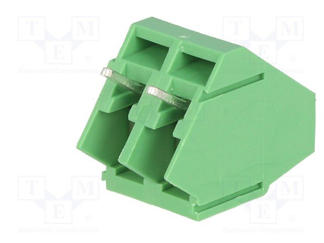 Terminal Blocks PCB, ar skrūvēm, 2pin, 5mm, 2.5mm2, 250V/24A, 15.5x13.3.x10mm, leņķisks, 45°