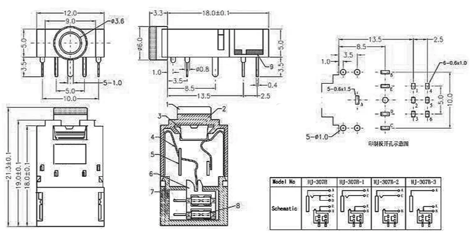 3.5mm ligzda, stereo, plastmasas, THT, 2 x ON-OFF, ar izolētu slēdzi 2 x ON-ON