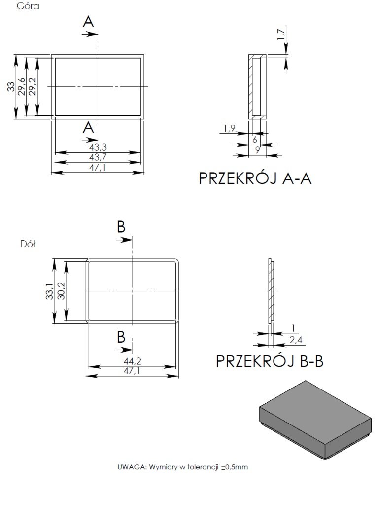 Plastmasas korpuss, 33x47x10mm, ABS, melnā krasa