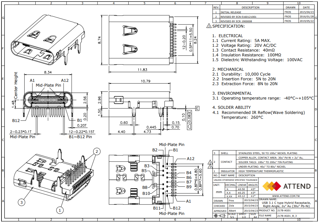 USB-C (type C), 3.1, ligzda uz šasija, THT,  ATTEND, 24pin