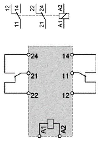 Relejs AC24V, DPDT, 2x8A/250VAC, 2x8A/28VDC, 368R(65mA), divi kontakti uz pārslēgšanu, 29x15.7x12.5mm, SCHNEIDER ELECTRIC