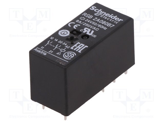 Relejs AC24V, DPDT, 2x8A/250VAC, 2x8A/28VDC, 368R(65mA), divi kontakti uz pārslēgšanu, 29x15.7x12.5mm, SCHNEIDER ELECTRIC