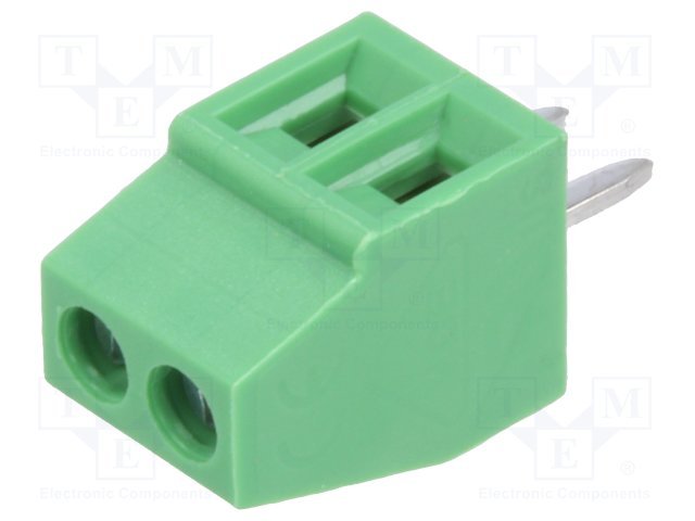Terminal blocks PCB, 2pin, 2.54mm, 1.0mm2, 130V/8A, 5x6.27x8.5mm, leņķisks 90°