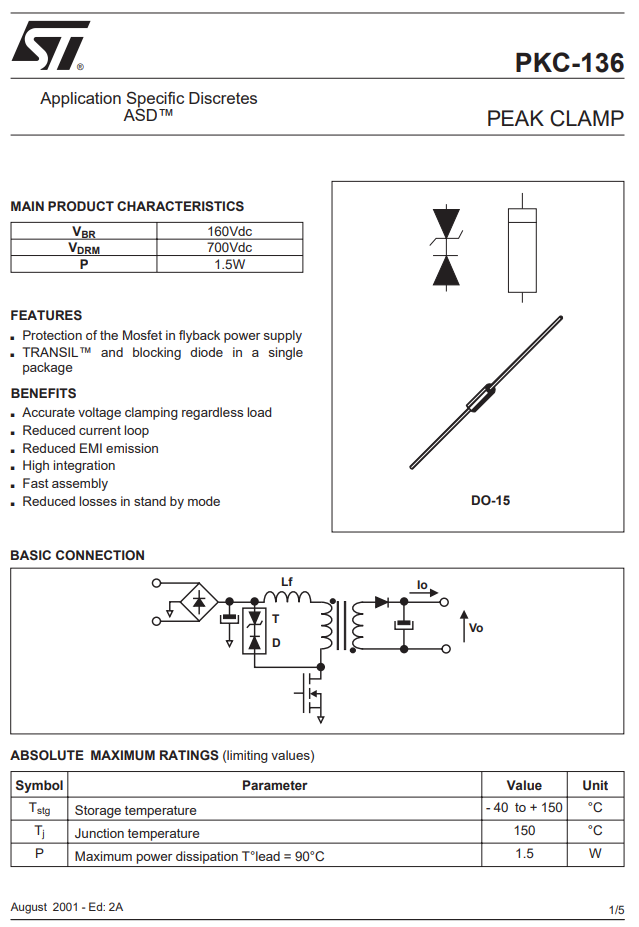PKC-136 TRANSIL™ and blocking diode in a single package, 160V, 1.5W, vienvirziena, DO-15