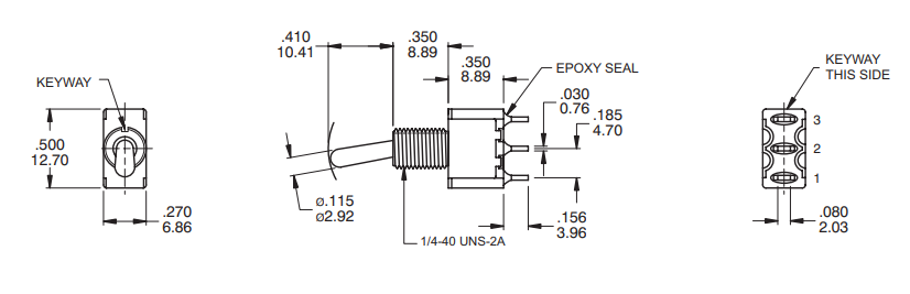 Tumblers, SP3T, ON-OFF-ON, 2A/250VAC, 5A/28VDC, lodēšanai, M6, 12.7x6.86x8.89mm, viens kontakts uz trīm stavoklim, ar fiksaciju, apaļš rokturis