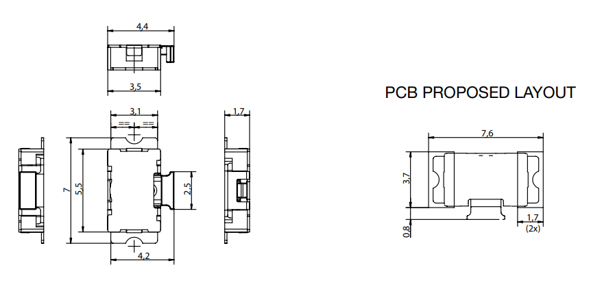 Mikroslēdzejs leņķisks, SPST-NO, OFF-(ON), 0.05A/32VDC, SMD, 5.5x3.5x1.7mm, 2N, L=0.8mm, IP40