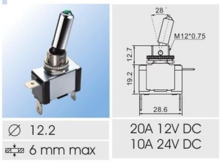 Tumblers, SPST, OFF-ON, 20A/12VDC, LED12VDC, sarkans, 6.3x0.8mm, M12, 28.6x16x19.9mm, poliamids, CSI, ar fiksaciju