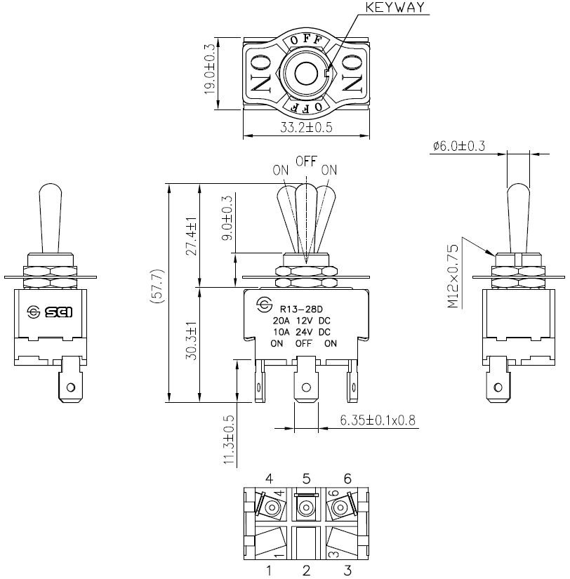 Tumblers, SP3T, ON-OFF-ON, 20A/12VDC, konektori 6.3mm, M12, 33.2x19x19mm, ar fiksaciju