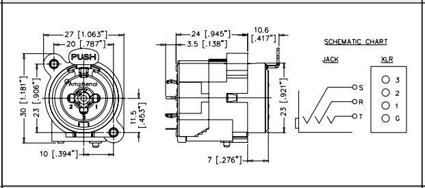 XLR 3PIN, ligzda/6.35mm ligzda, šasijai (2 skrūves), taisna, AMPHENOL