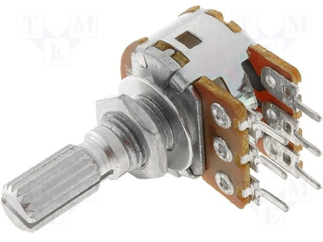 1M stereo, Ø17x9.5mm, D=6mm, L=13.5mm, 125mW, ±20%, potenciometrs ar linearu atkarību