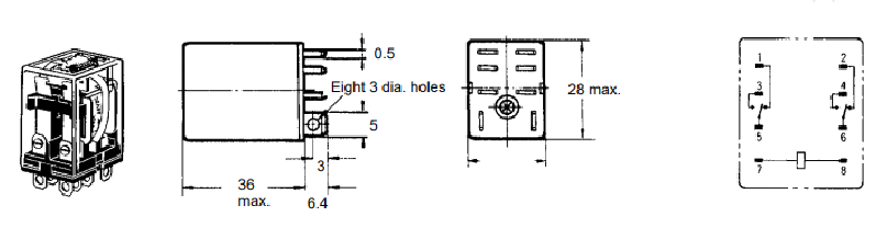 Relejs DC24V, DPDT, 2x10A/250VAC, 2x10A/24VDC, 650Ω(6.9mA), divi kontakti uz pārslēgšanu, 28x21.5x36mm, OMRON