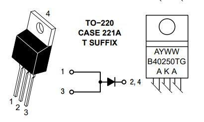 MBR40250G, Diode Schottky, 250V, 40A (1, 3 ---|>|-- 2, 4), TO-220