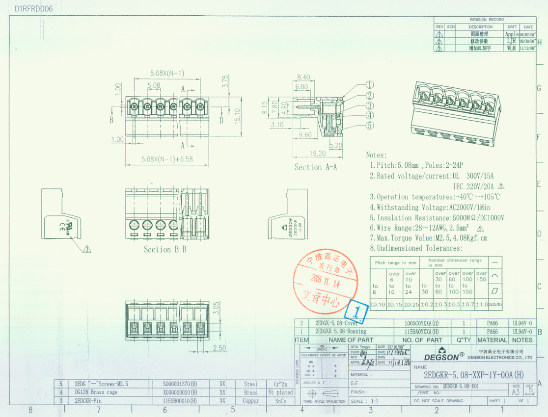 Terminal Blocks uz vadu, spraudnis, 4pin, 5.08mm, 2.5mm2, 20A
