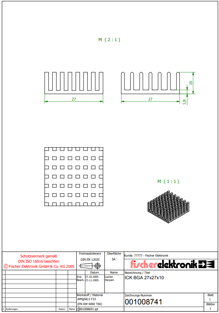 Radiators 27x27x10mm, aluminijs, melna krasa