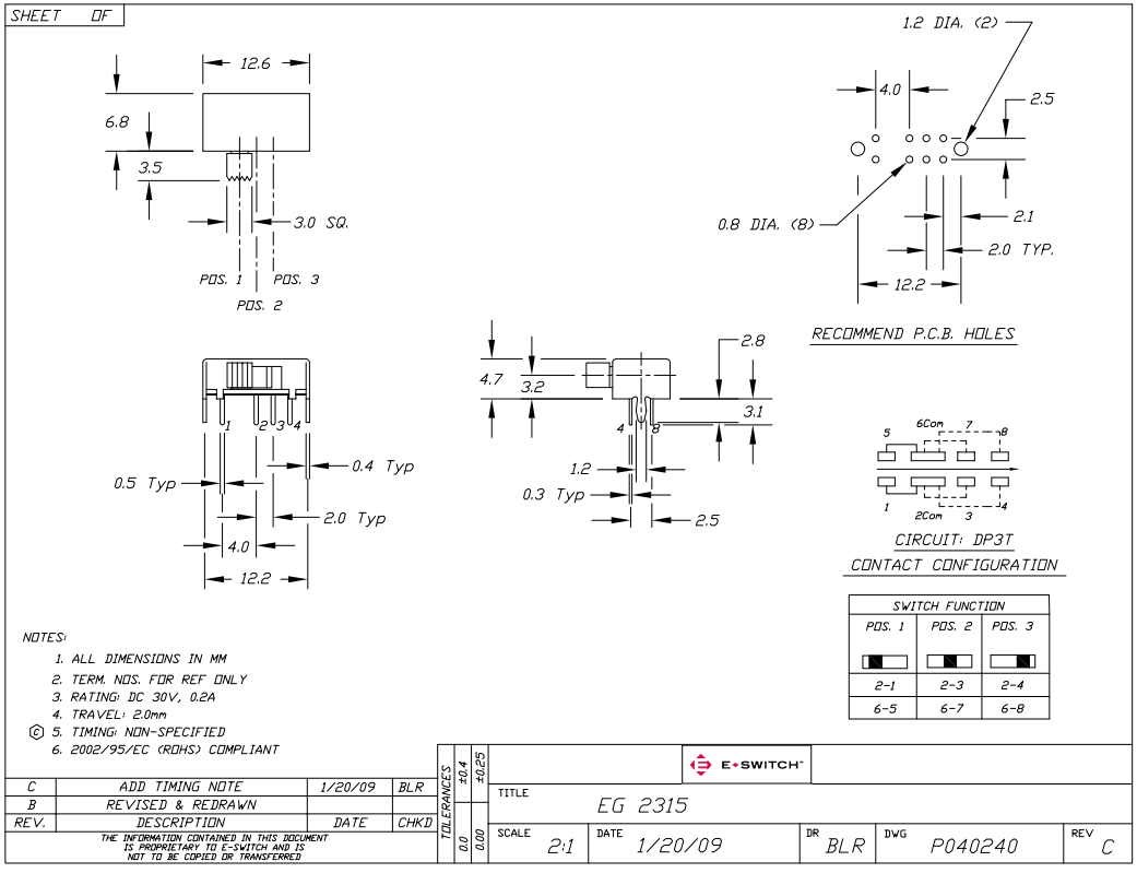 Pārslēdzējs slīdbīdņu DP3T, 0.2A/30VDC, ON-ON-ON, 8pin, 12,6x6,8x4,7mm, L=3.5mm, leņķisks, divi kontakti uz trīm stāvoklim