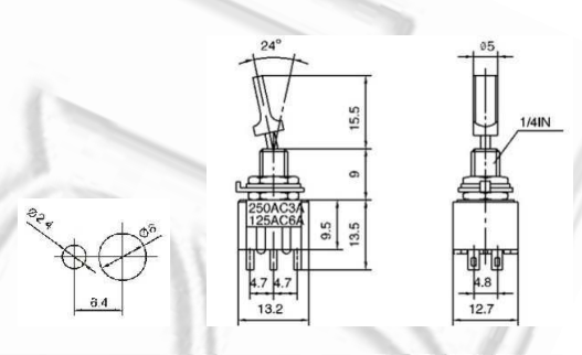 Tumblers, DPDT, ON-ON, 3A/250VAC, lodēšanai, M6, 13.2x12.9x9.5mm, divi kontakti uz divam stavoklim, ar fiksaciju, plakanais melns rokturis
