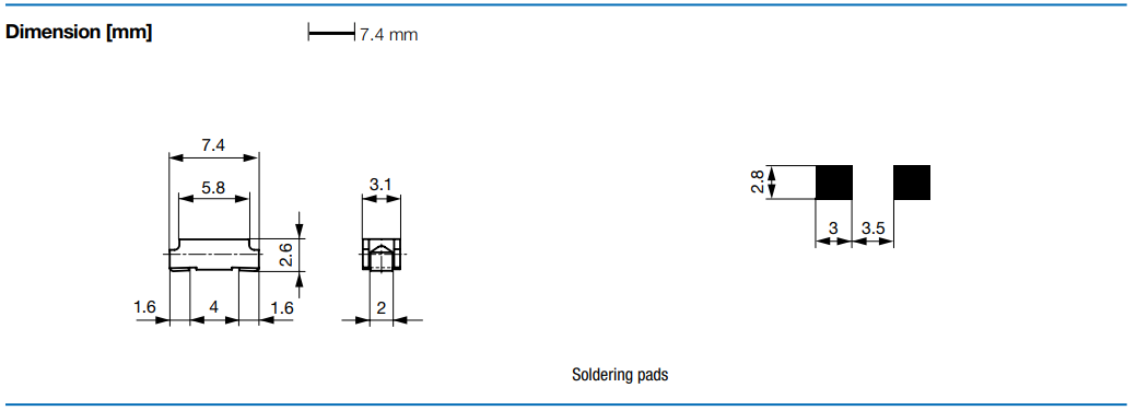 3A, 2912, Drošīnātājs lēns, 125VAC/125VDC, 7.4x3.1x2.6mm, SMD
