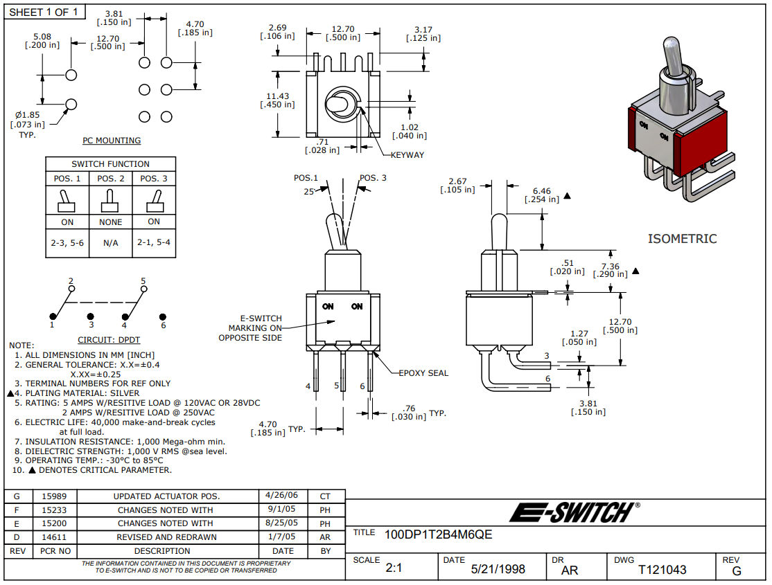 Tumblers, DPDT, ON-ON, 2A/250VAC, 5A/28VDC, Ø6mm, lodēšanai, PCB, 12.7x11.43x12.7mm, ar fiksaciju, leņkisks