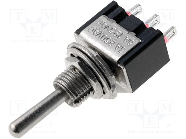 Tumblers, SP3T, (ON)-OFF-(ON), 3A/250VAC, lodēšanai, Ø6mm, 13.2x7.9x9.5mm, viens kontakts uz trīm stavoklim, bez fiksacijas, apaļš rokt., collas vītne