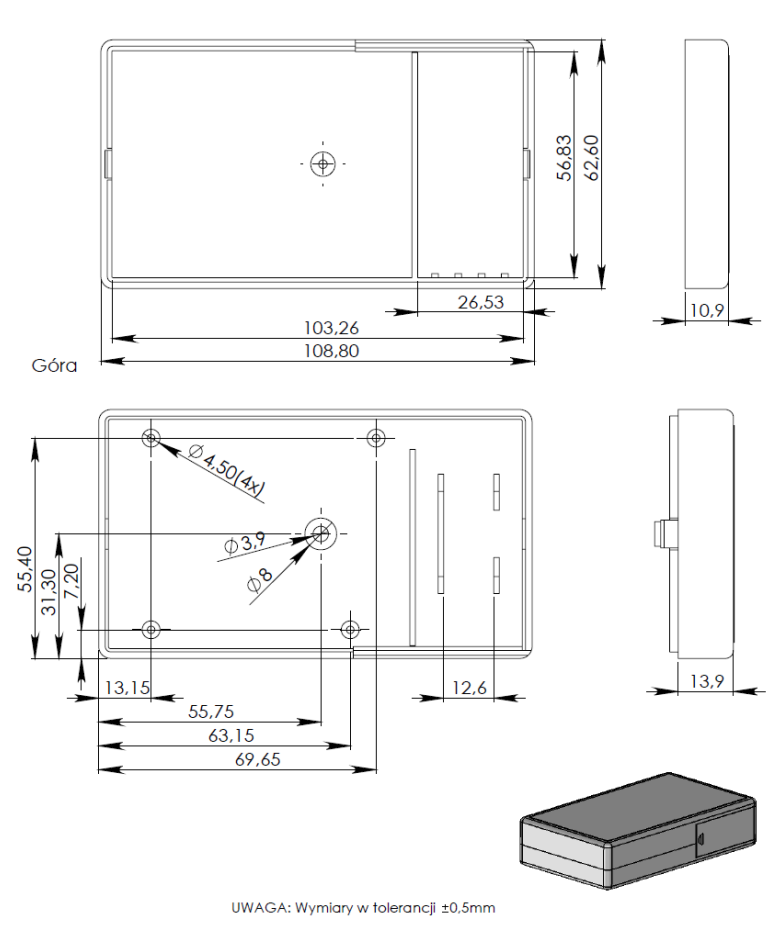 Plastmasas korpuss, 60x110x25mm, ABS, ar bateriju nodalījumu, peleka krasa