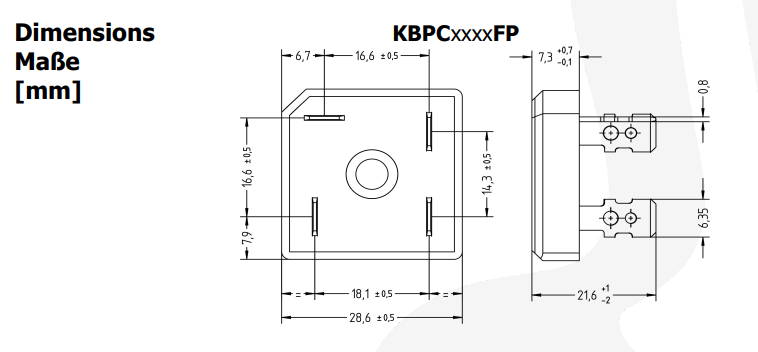 KBPC3512FP Tiltiņš 1200V, 35A, plakana veida biezums 8mm, izolets, izvadi 6.4*0.8mm