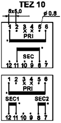 Transformators 220V=>2x6V, 2x833.3mA, 10VA, 44x53x27.9mm