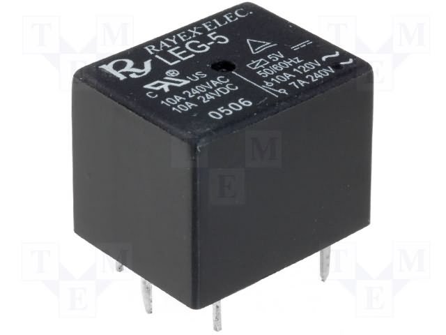 Relejs DC5V, SPDT, 10A/120VAC, 10A/24VDC, 70Ω(72mA) , viens kontakts uz pārslēgšanu, 19.5x15.8x15mm, RAYEX ELECTRONICS