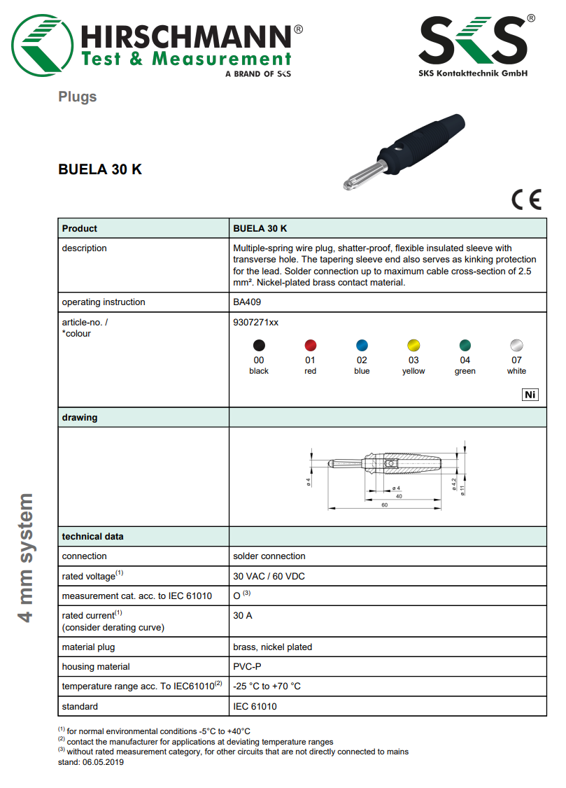 Testera štekers, 4mm, 10A/60VDC, L=60mm, zaļā krasa, Hirschmann