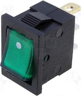Taustiņslēdzis SPST, ON-OFF, 3A/250VAC, 6A/125VAC, 18.8x12.9x14.4mm, apgaism. neona lamp. (o), zaļā krasa, ar fiksāciju