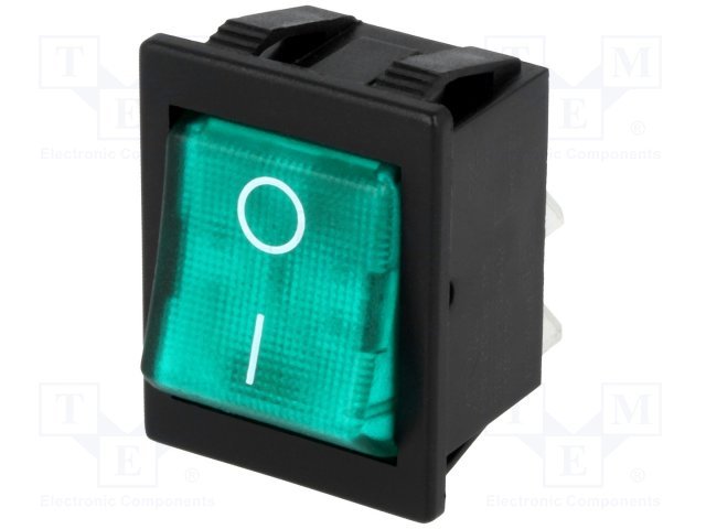 Taustiņslēdzis DPST, ON-OFF, 16A/250VAC, 20A/28VDC, 25x32mm, apgaism. neona lamp. zaļā, melnā krasa, ar fiksāciju