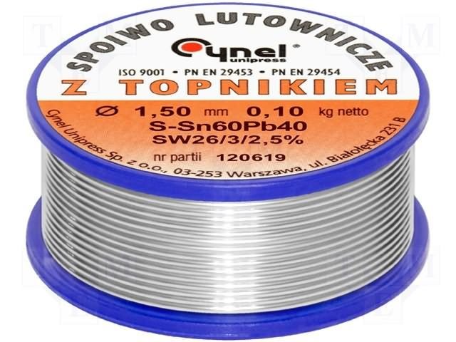 1.5mm 60Sn/40Pb 100g Lodalva ar flusu F-SW26, No Clean, 2.5%, 190°C