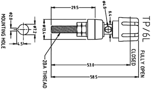 Testera ligzda, 4mm, L=58mm, 30A/60VDC, šasijai, sarkana krasa
