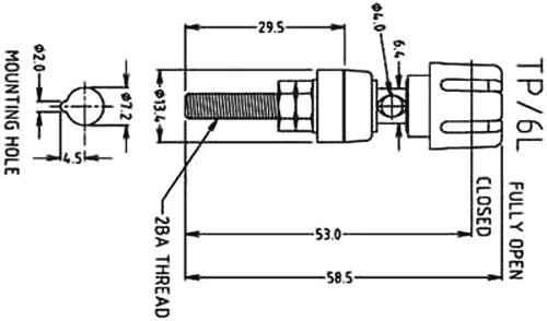 Testera ligzda, 4mm, L=58mm, 30A/60VDC, šasijai, melna krasa