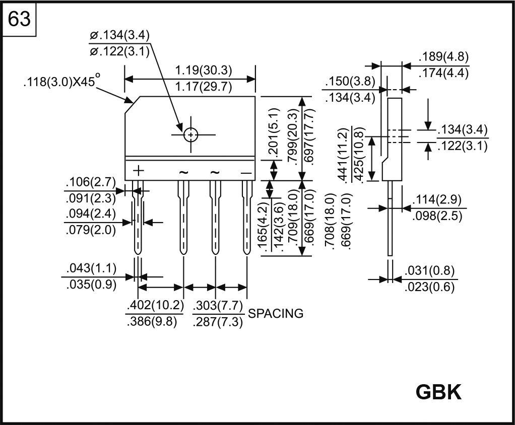 GBK50M Tiltiņš, 1000V, 50A, 30x20x4.6mm, plakans, vertikāls