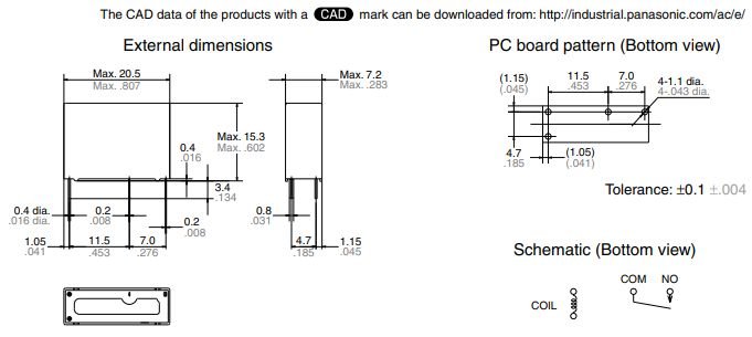 Relejs DC12V, SPST-NO, 5A/250VAC, 3A/30VDC, 720Ω(16.6mA), viens kontakts uz saslēgšanu, 20.5x7.2x15.3mm, PANASONIC