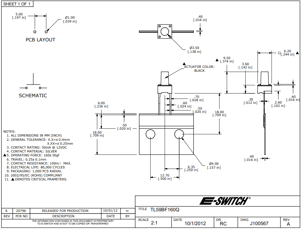 Mikroslēdzejs horizontāls, 6x6x4mm, SPST-NO, OFF-(ON), THT, 0.05A/12VDC, 1.57N, L=6mm, garie izvadi, 2pin