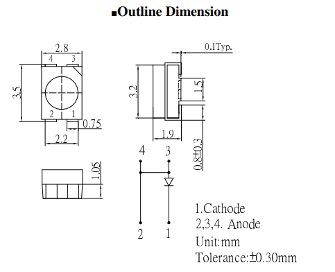 Gaismas diode SMD, sarkans, 3528, PLCC4, 4.2Cd, 619...629nm, 2...2.6V/70mA, 3.5x2.8x1.9mm, 120grad., kopējs katods, PLCC4