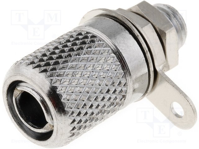 Testera ligzda, 4mm, metalā L=25.5mm, 10A/60VDC, šasijai d=6.2mm