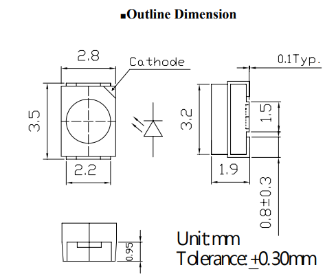 Gaismas diode SMD, sarkans(tomato), 3528, 1.5-1.8lm, 120°, 2.8...3.6V/20mA, 3.5x2.8x1.9mm, PLCC2