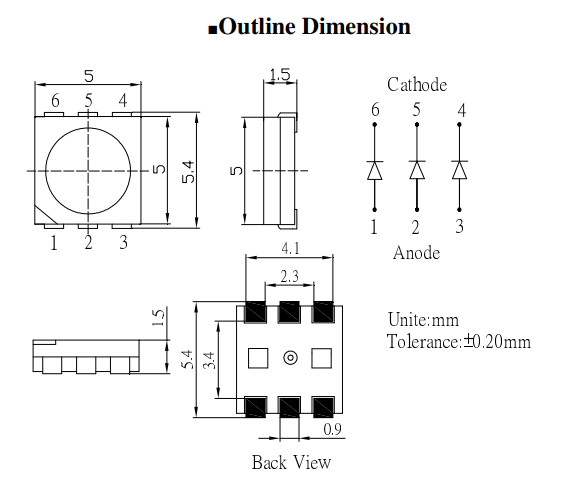 Gaismas diode SMD, dzeltens, 5060/PLCC6(5x5x1,5mm), 4200...5800mcd, 2...2.6V/60mA, 585-595nm 120grad., 3 atseviškas LED vienā korpusā, PLCC6