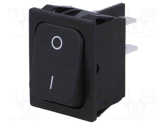 Taustiņslēdzis DPST, OFF-ON, 20A/250VAC, 31.5x25x16.20mm, IP40, (O-I), 6.3x0.8mm, melnā krasa, ar fiksāciju, Marquardt