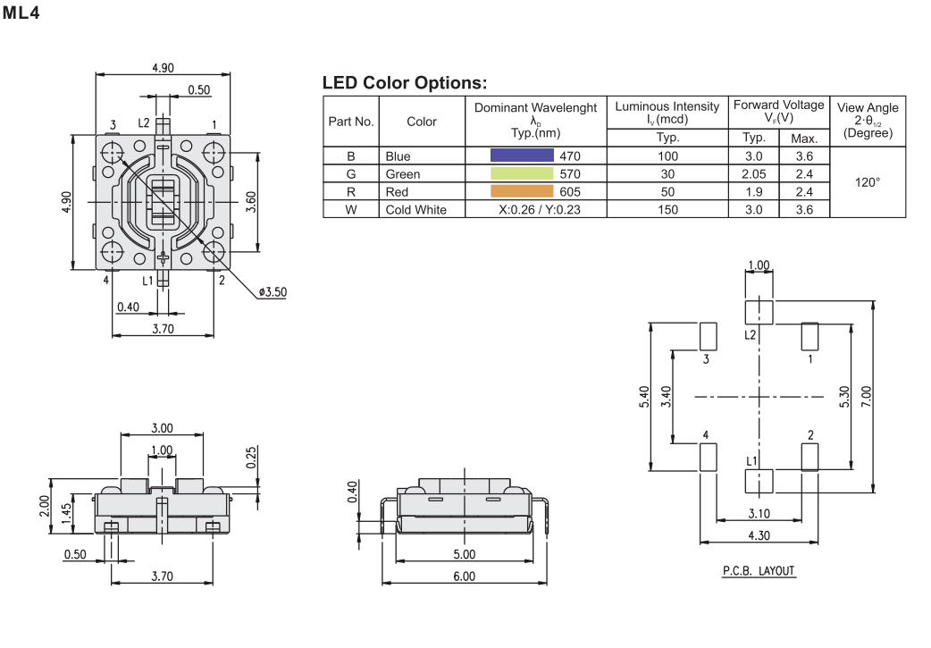 Mikroslēdzejs horizontāls, SPST-NO, OFF-(ON), 0.05A/12VDC, SMD, 4.9x4.9x2mm, 1.56N, L=0.5mm, LED zaļa krasa