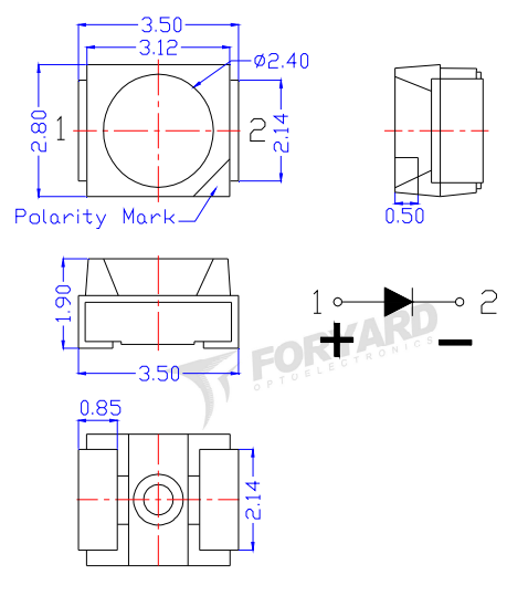 Gaismas diode SMD, aukstā balts(5000-6000K), 3528, 2200mcd(8lm), 2.8...3.8V/20mA, 120°, PLCC2