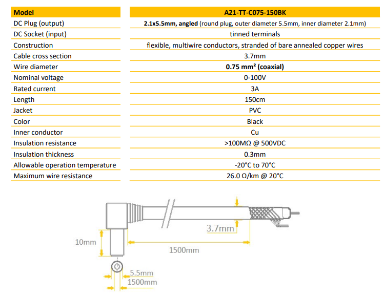 5.5*2.1mm, L=10mm, leņķisks štekers, 100V/3A, 0.75mm2, apaļš vads 1.5m