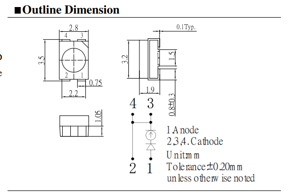 Gaismas diode SMD, aukstā balts(6500K), 3528, PLCC4, 3000...4000mcd, 3...3.8V/50mA, 120grad., kopējs katods, PLCC4