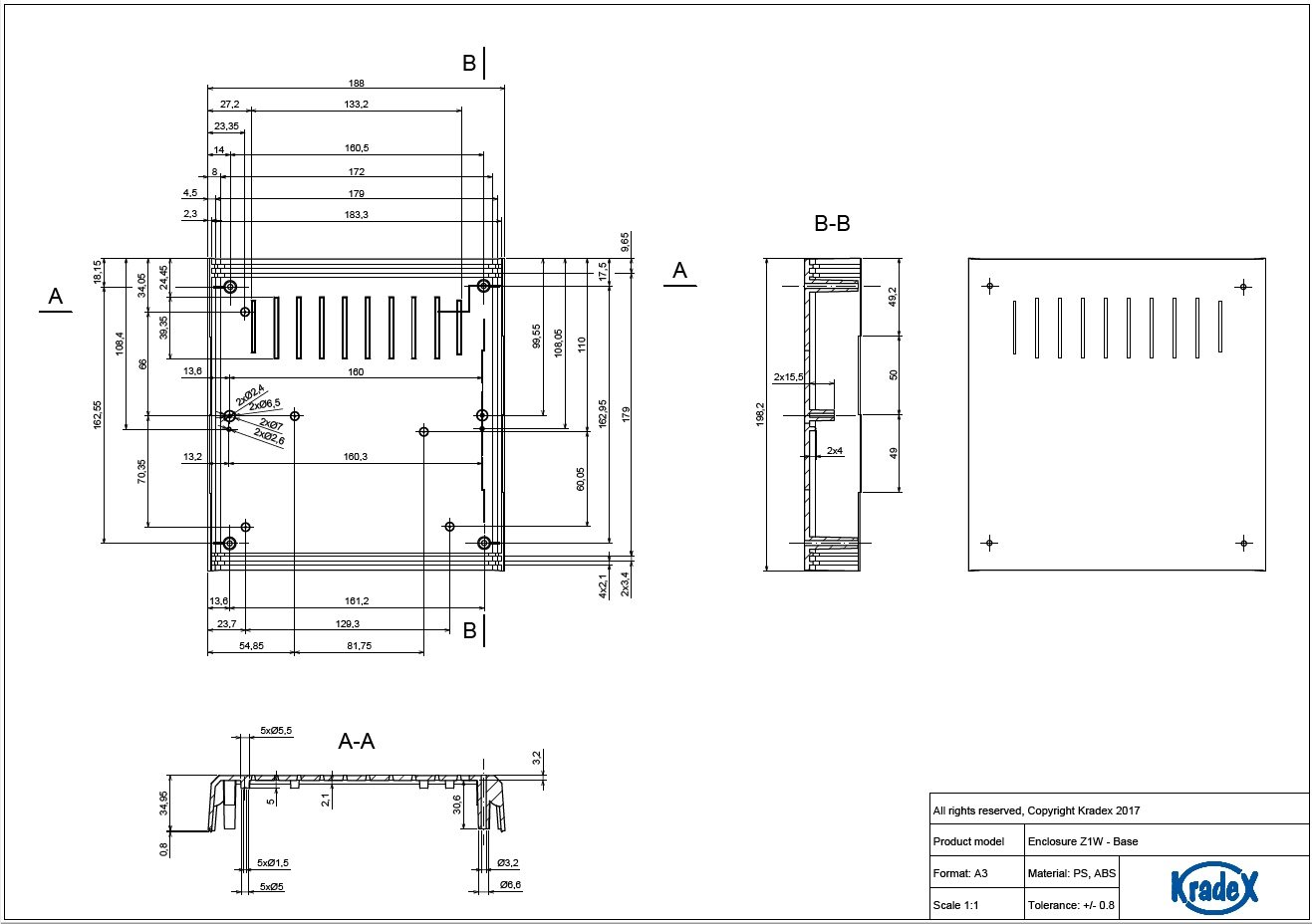 Plastmasas korpuss, 188x198x70mm, polistirens, melnā krasa, ar ventilāciju
