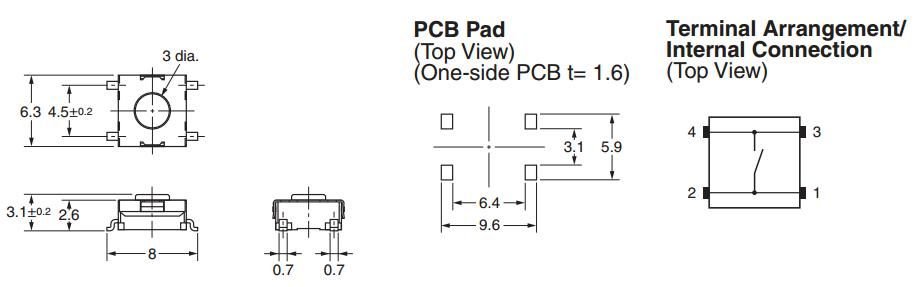 Mikroslēdzejs horizontāls, SPST-NO, OFF-(ON), 0.05A/24VDC, SMD, 6x6x2.6mm, 0.98N, L=0.5mm, OMRON